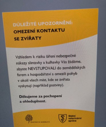 Nákaza slintavky a kulhavky, upozornění: