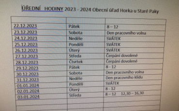 Úřední hodiny 2023 - 2024 OÚ Horka